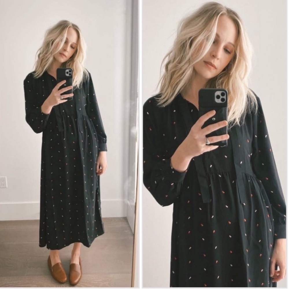 Casual Black and Red Midi Sundress with Cuffed Long Sleeves